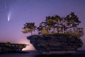 Port_Austin_Bed_and_Breakfast_Port_Austin_Michigan_Hotel_Image 4 - Port Austin Bed & Breakfast Geological rock formation in Port Austin, MI at night with NEOWISE comet.